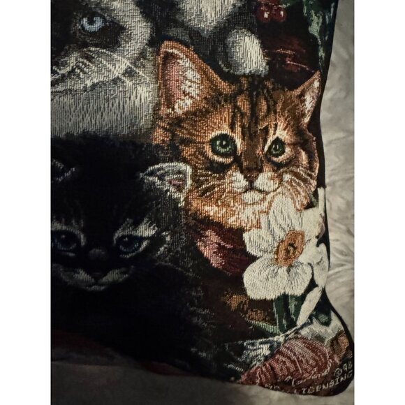 Vintage Cat Themed Decorative Tapestry Style Throw Pillow Paw Print Back - Picture 6 of 9